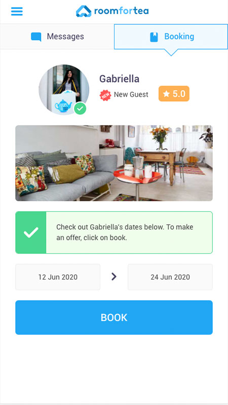 RoomForTea mobile booking UI